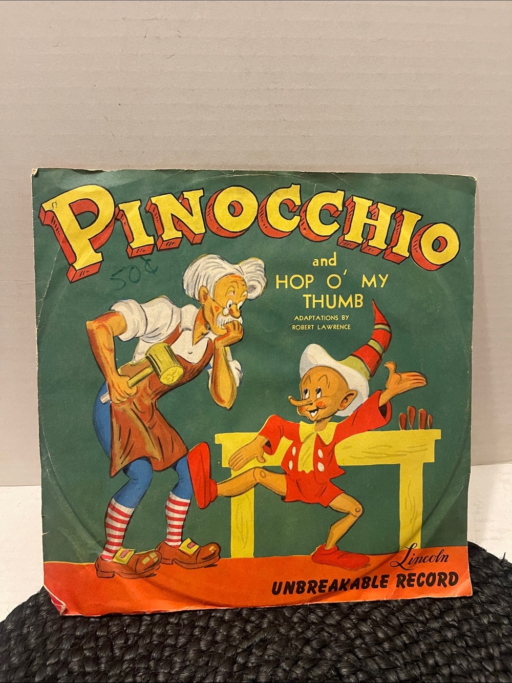 1950 Pinocchio Unbreakable 78 Record Green & Orange Vintage Cover